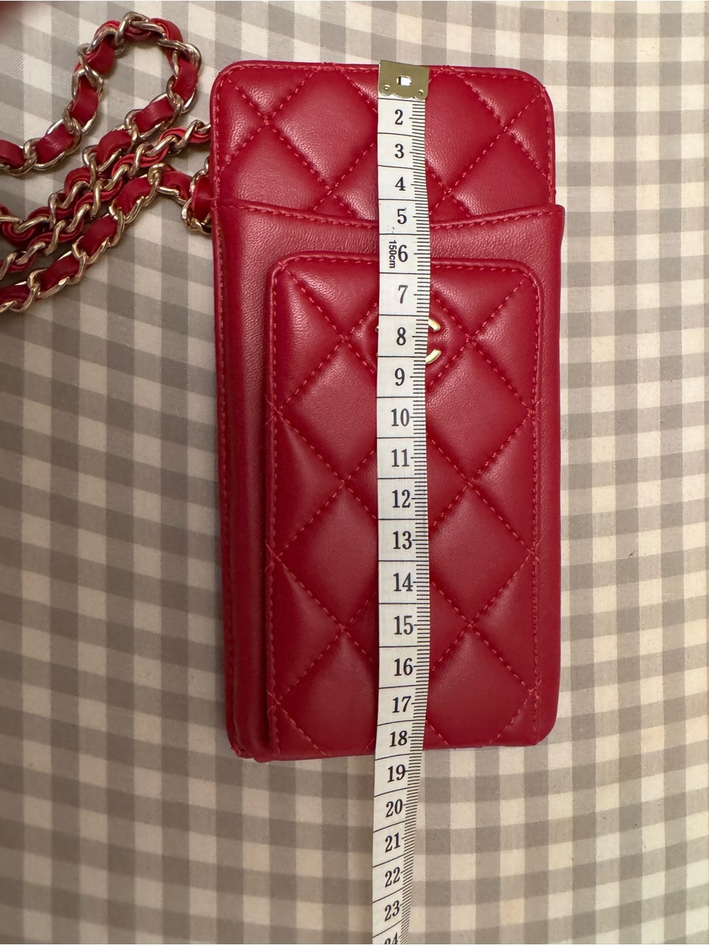 Quilted Red Leather Chain Crossbody Phone Pouch with Gold CC - Picture 7 of 8